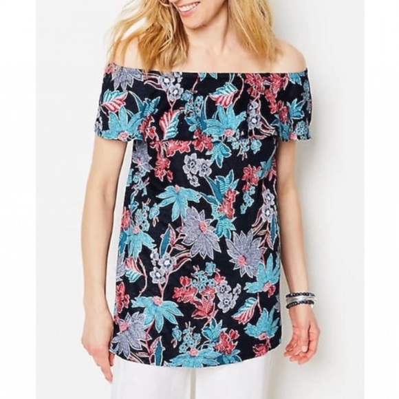 J Jill Love Linen Sarasa Ruffled Tropical Top Size Large Petite - Picture 4 of 9